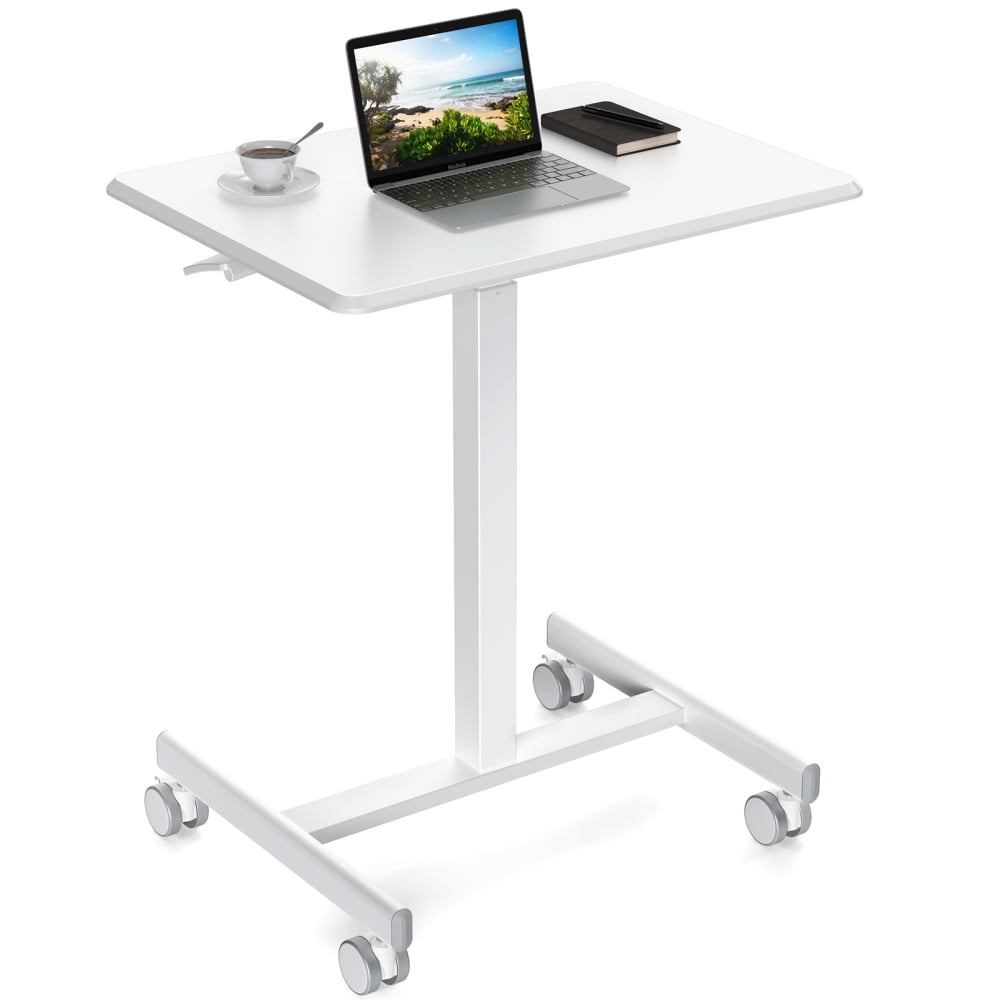 White Adjustable Height Mobile Standing Laptop Desk with Metal Legs