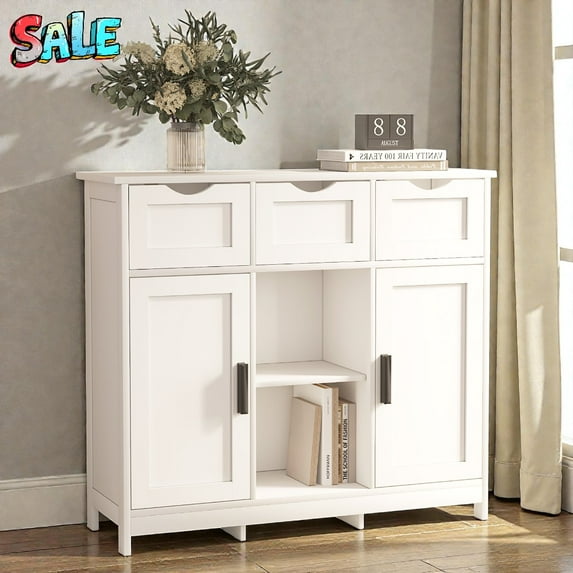 Tcbosik Modern 2-Door Floor Cabinet with 3 Drawers, Open Storage and Adjustable Shelves, Multifunctional Buffet & Coffee Bar Cupboard, 35.4"W Space-Saving Organizer, White