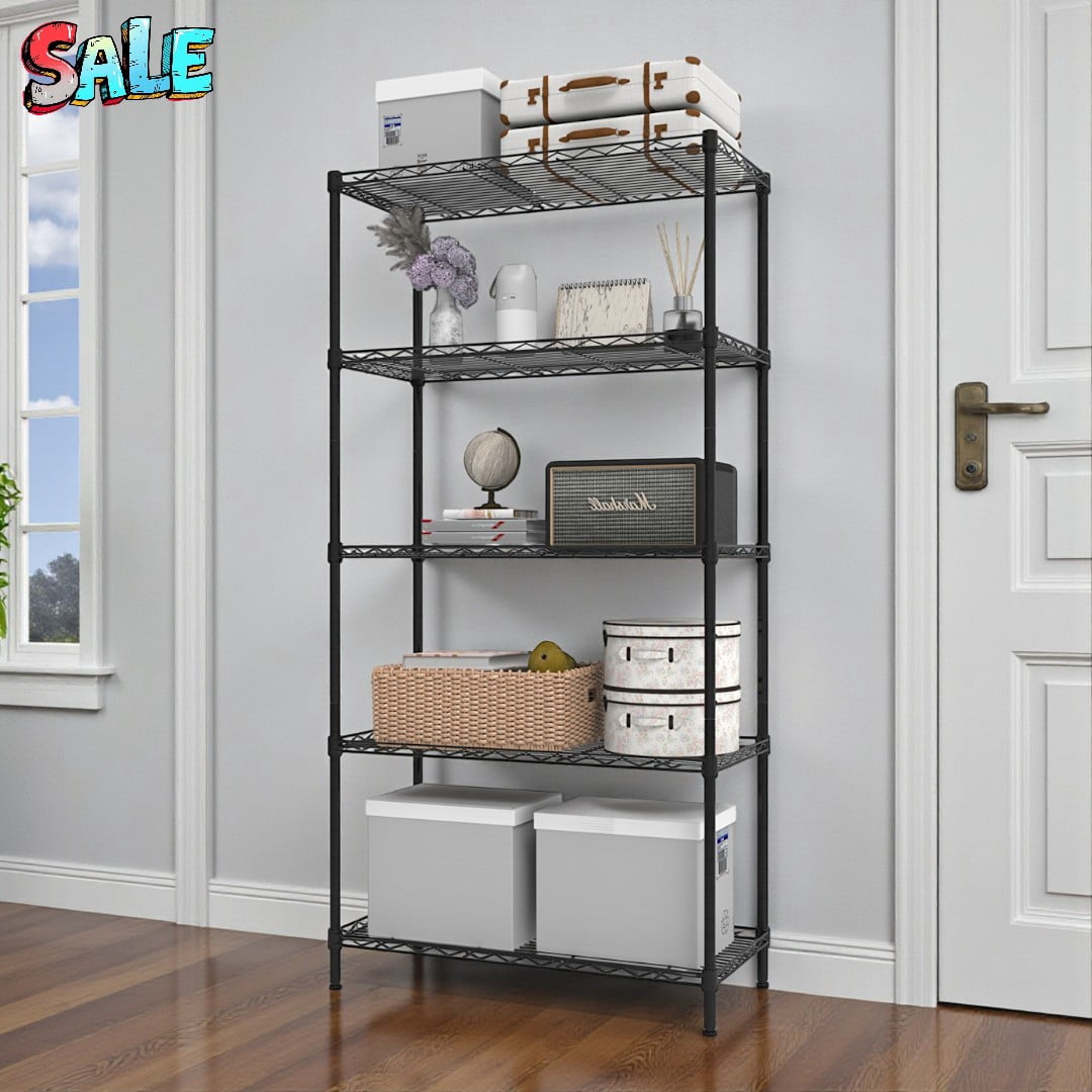 Tcbosik Modern 5-Tier Black Display Rack w/ Adjustable Shelves, Holds ...