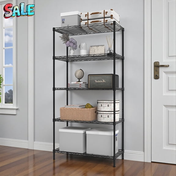 Tcbosik Modern 5-Tier Black Display Rack w/ Adjustable Shelves, Holds 110 lbs Each Layer, Perfect for Living Room, Office or Retail Store, 29.13"L x 13.39"W x 59.06"H