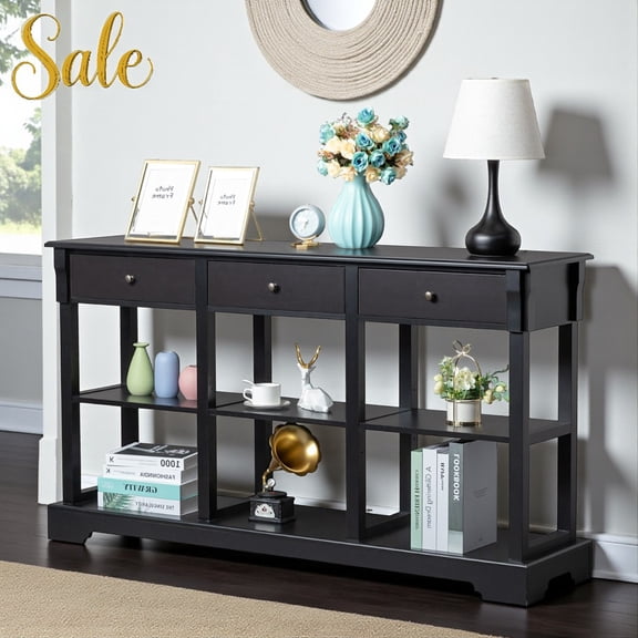 Tcbosik Modern 58" Console Table with 3 Storage Drawers & 2 Open Shelves, Easy Assembly for Entryway, Foyer, Living Room (Black)