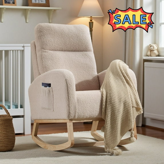 Tcbosik Modern Accent Rocking Chair, Teddy Upholstered Glider Rocker, Comfy Armchair with Side Pocket and High Backrest for Living Room, Bedroom, Beige