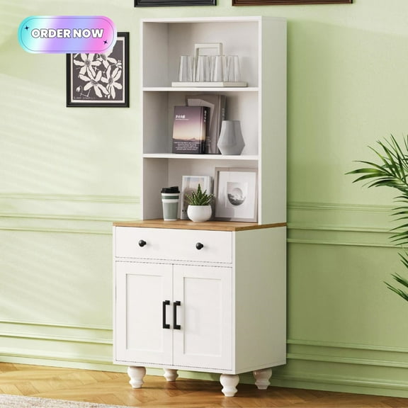 Tcbosik Modern Bookcase, 63"H Modern Bookshelves with Drawer, Door and Adjustable Shelf, Storage Cabinet for Home Office, Living Room, Dining Room, White+Natural