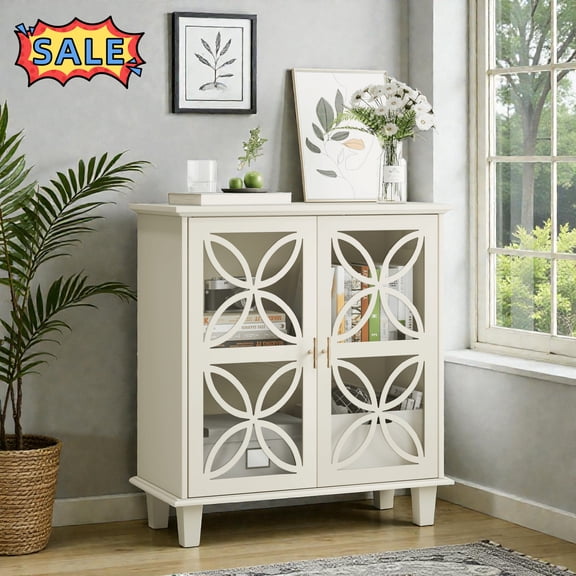Tcbosik Modern Buffet Sideboard, Mid Century Accent Cabinet with Glass Doors, Cupboard with Solid Wood Legs for Kitchen, Dining Room, Living Room, Entryway, Cream Color