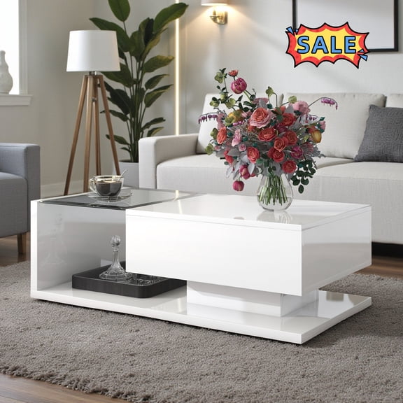 Tcbosik Modern Coffee Table, 2-Layer Cocktail Table with Tempered Glass for Home Office, 39.3"L x 19.6"W x 12.7"H, White