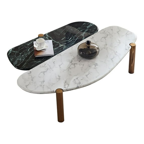 Tcbosik Modern Coffee Table, Cocktail Table with Faux Marble Top, Center Table for Living Room, White & Green