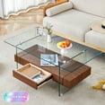 thumbnail image 1 of Tcbosik Modern Coffee Table with Storage, 2-Tier Rectangle Cocktail Table with Glass Top and Legs, Center Table with Drawer and Open Shelf for Small Space, Living Room, Bedroom, Wood Color, 1 of 10