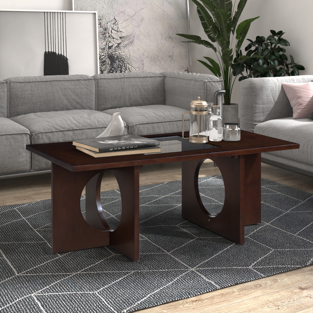 Tcbosik Modern Coffee Table with Center Glass Decor, Wood Cocktail