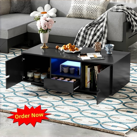 Tcbosik Modern Coffee Table with LED Lights, 47.2" Center Table with Drawer, Shelf and 2 Doors for Living Room, Easy Assembly, Black