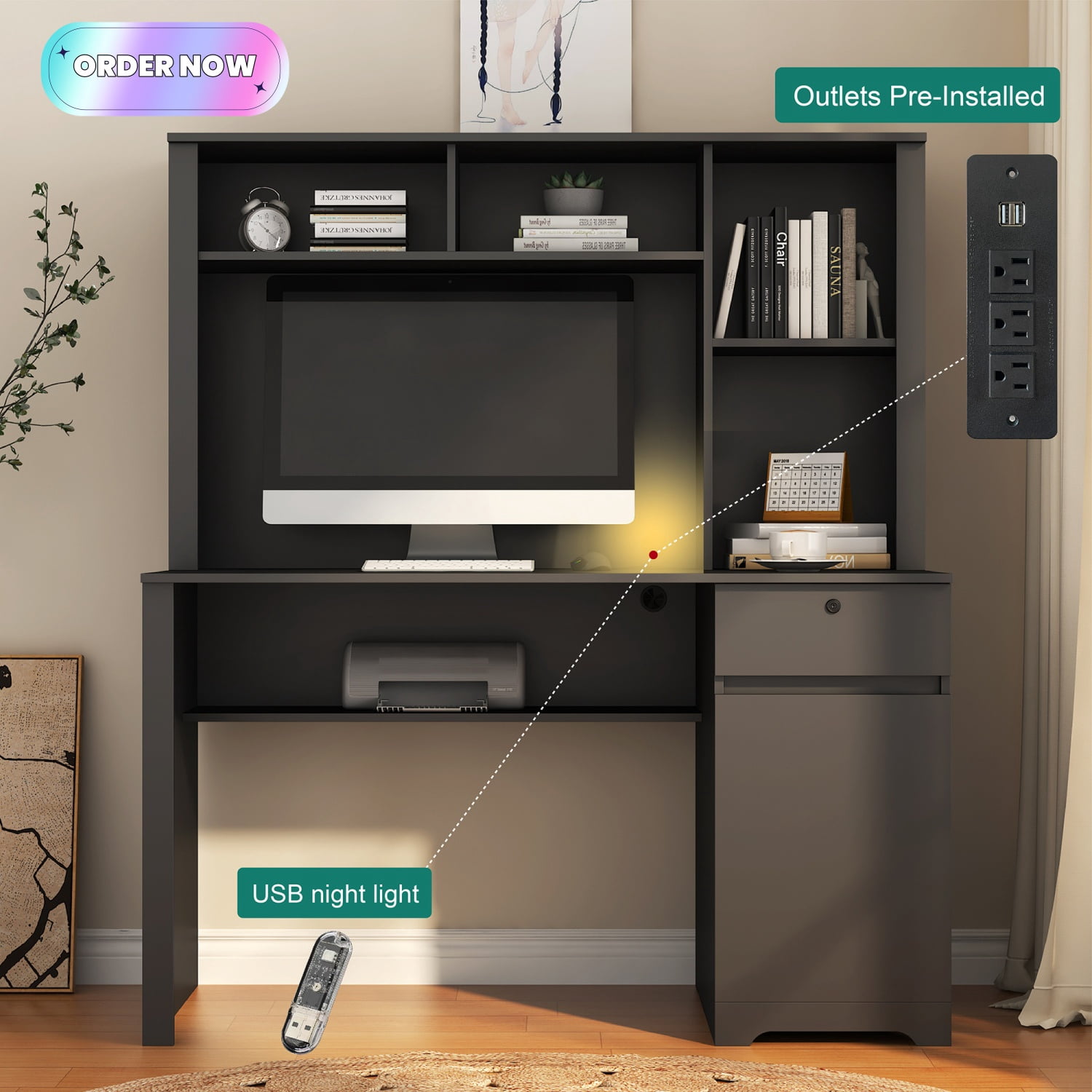 Tcbosik Modern Computer Desk with Charging Station and USB Night Light ...