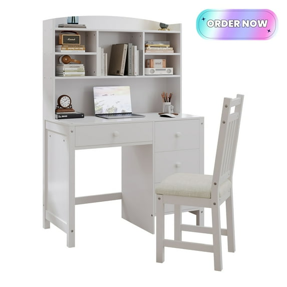 Tcbosik Modern Computer Table with Upholstered Chair Set, Home Office Desk with Storage, Linen Fabric Chair, Study Writing Desk with Open Shelves and 4 Drawers, Executive Desk with Hutch, White
