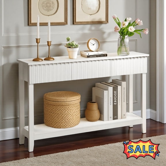 Tcbosik Modern Console Table with 3 Storage Drawers, 2-Tier Long Sofa Table with Open Shelf, 51.2 inch Entryway Table for Living Room, Hallway, Foyer, White