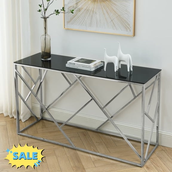 Tcbosik Modern Console Table for Entryway, Behind Couch Table with Tempered Glass Top and Metal Frame, Foyer Table for Living Room, Hallway, Easy Assembly, Chrome