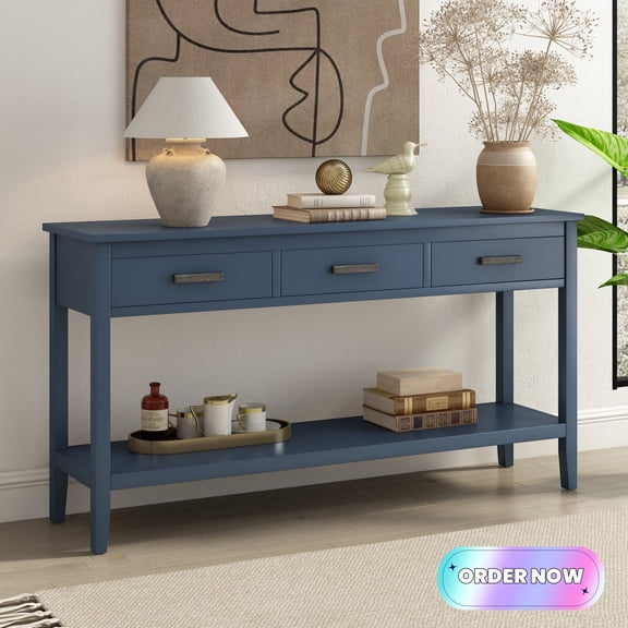 Tcbosik Modern Console Table, Narrow Entryway Table with Open Shelf and 3 Storage Drawers, 59.1" Sofa Table for Living Room, Hallway, Navy Blue