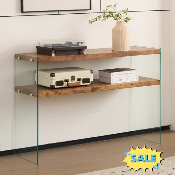 Tcbosik Modern Console Table with Glass Legs, 2-Tier Entryway Table, 43.3" Behind Couch Table for Hallway, Living Room, Easy Assembly, Walnut