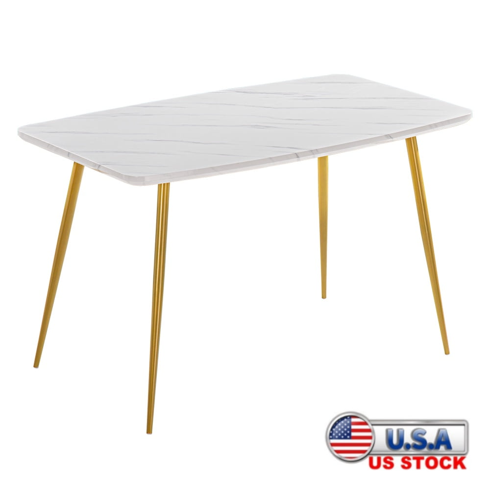White Marble and Gold Metal Rectangular Dining Table