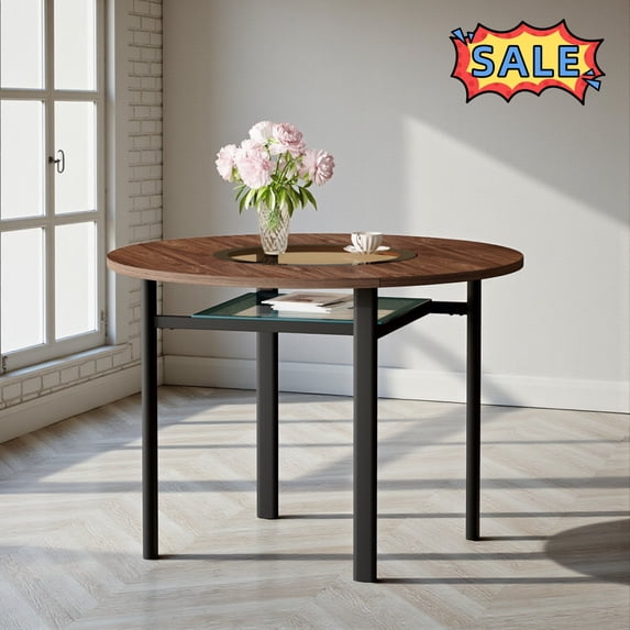 Tcbosik Modern Dining Table with MDF and Glass Top, 42 Inch Round Table with Glass Shelf, Kitchen Table for Living Room, Easy Assembly, Wood Color