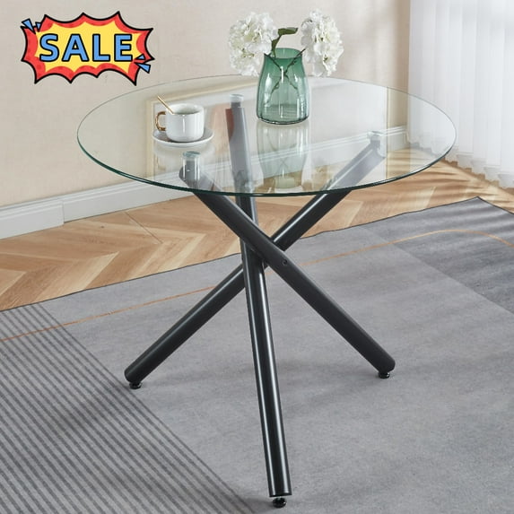 Tcbosik Modern Dining Table with Tempered Glass Top, Kitchen Table with Black Metal Legs, Easy Assembly