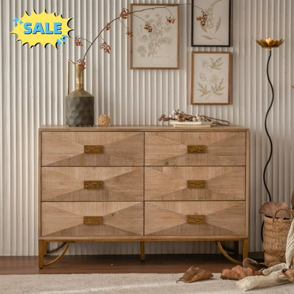 Tcbosik Modern Double Dresser with 6 Drawers, Rustic Chest of Drawers, 47.2" Storage Organizer for Closet, Bedroom, Living Room, Natural