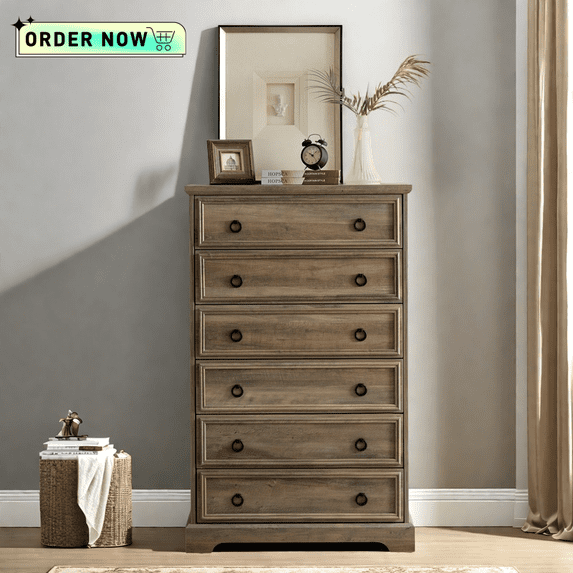 Tcbosik Modern Dresser with 6 Drawers, Chest of Drawers for Bedroom Living Room, Storage Organization Unit for Clothing, Gray Wash