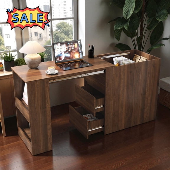 Tcbosik Modern Extendable Computer Desk, Study Writing Table with Open Shelves and 2 Storage Drawers, Laptop Workstation for Home Office, Walnut
