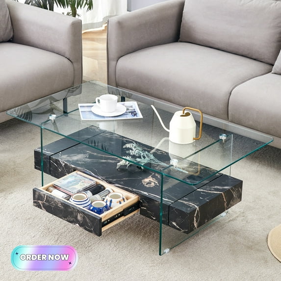 Tcbosik Modern Glass Coffee Table with Storage Drawer and Open Shelf, 43.3" Rectangle Tea Table, Center Table for Living Room, Black
