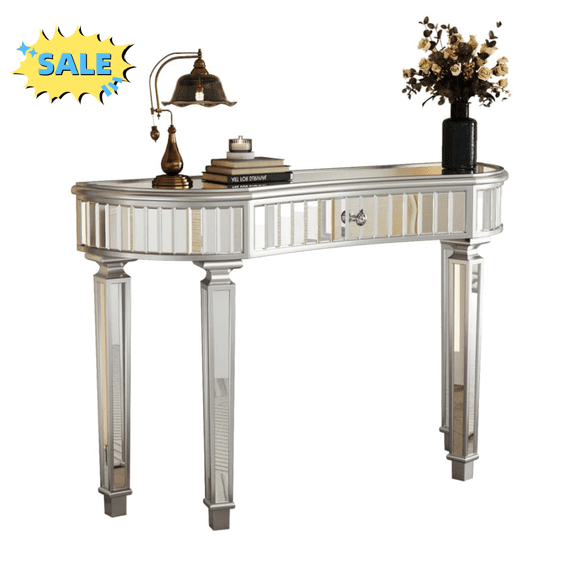 Tcbosik Modern Mirrored Console Table, 47" Half-Moon Sofa Table with Storage Drawer, Narrow Entryway Table for Living Room Hallway, Grey+Silver