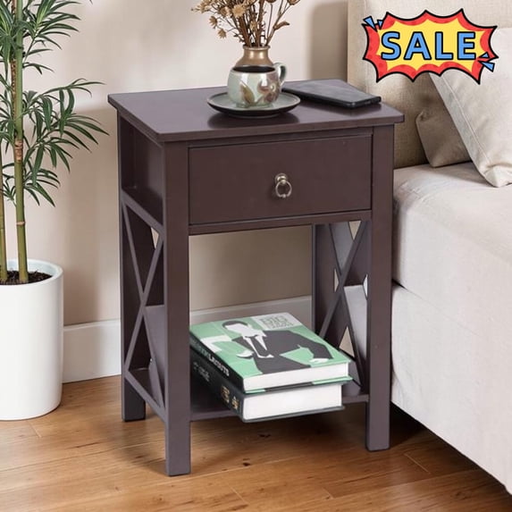 Tcbosik Modern Night Stand with Storage Drawer and Open Shelf, 2-Tier End Side Table for Living Room, Bedroom, Easy Assembly, Brown