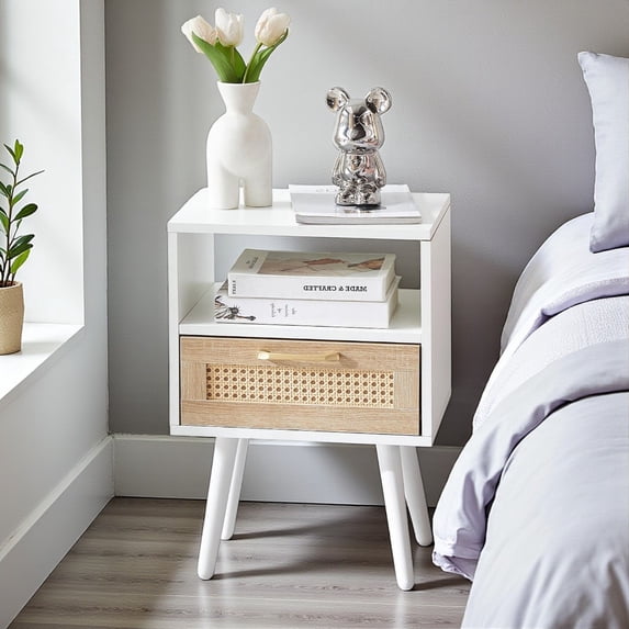 Tcbosik Modern Nightstand/Side Table with Hand-Made Rattan Decorated Drawer, Accent Bedroom End Table with Storage, 15.75"L x 11.81"W x 22.05"H, White