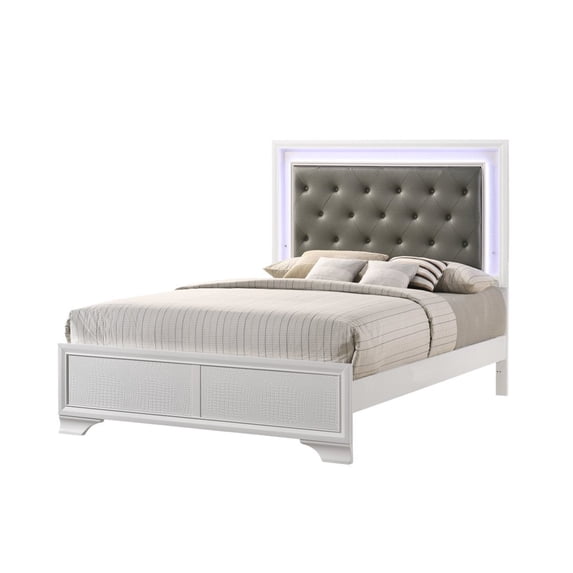 Tcbosik Modern Queen Size Upholstered Platform Bed with LED Light and Button Tufted Headboard, Box Spring Needed, White