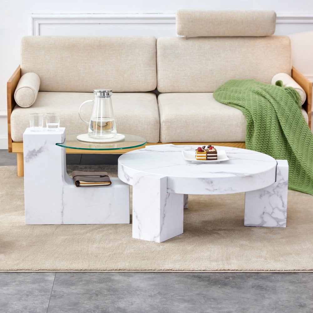 Tcbosik Modern Round Nesting Coffee Table with Marble Top, White Nesting Coffee Table Set of 2