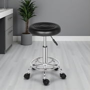 Tcbosik Modern Round Rolling Stool with Footrest, 18.5"-24.2" Height Adjustable PU Leather Drafting Stool for Spa Salon Tattoo Work Massage Task Black