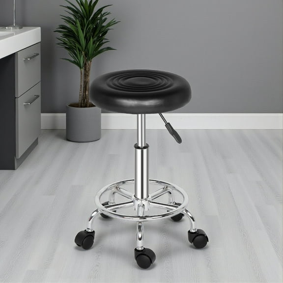 Tcbosik Modern Round Rolling Stool with Footrest, 18.5"-24.2" Height Adjustable PU Leather Drafting Stool for Spa Salon Tattoo Work Massage Task (Black)