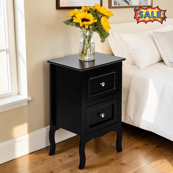 Tcbosik Modern Side Table, Nightstand with 2 Storage Drawers for Bedroom, Living Room, Easy Assembly, Black