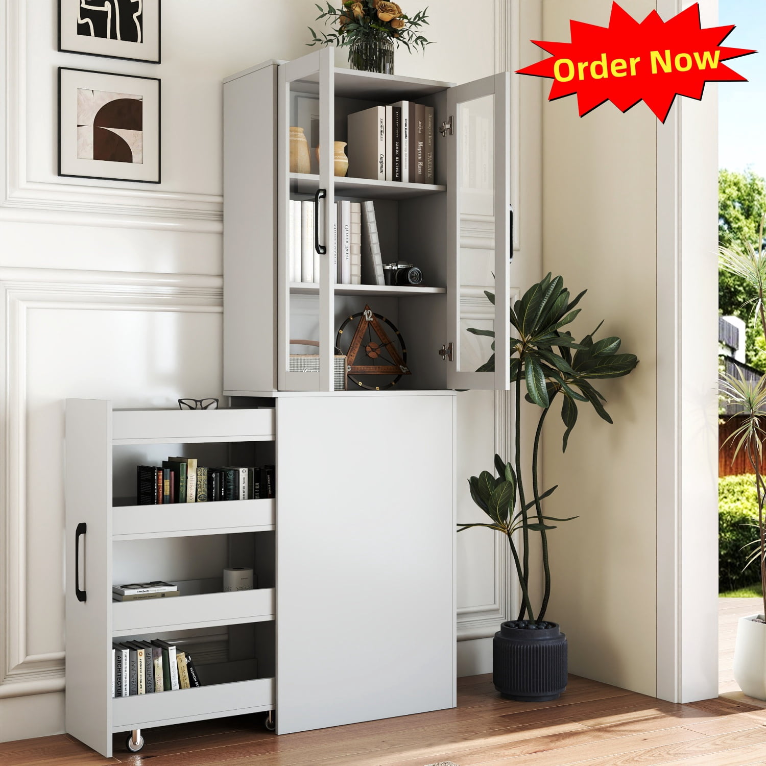 Tcbosik Modern Storage Cabinet with 2 Glass Doors, 70.8