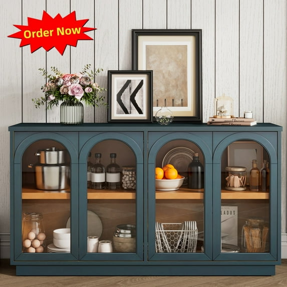 Tcbosik Modern Storage Cabinet with Adjustable Shelves and 4 Glass Doors, 57.7" Coffee Bar Cabinet, Buffet Sideboard for Kitchen, Dining Room, Living Room, Navy