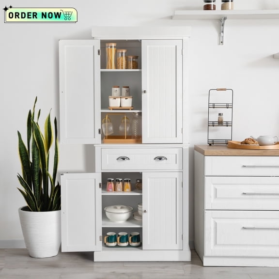 Tcbosik 71.6" Kitchen Pantry Cabinet, 4-Door Storage Cabinet with Drawer and Adjustable Shelves, Buffet Sideboard for Living Room, Dining Room, White