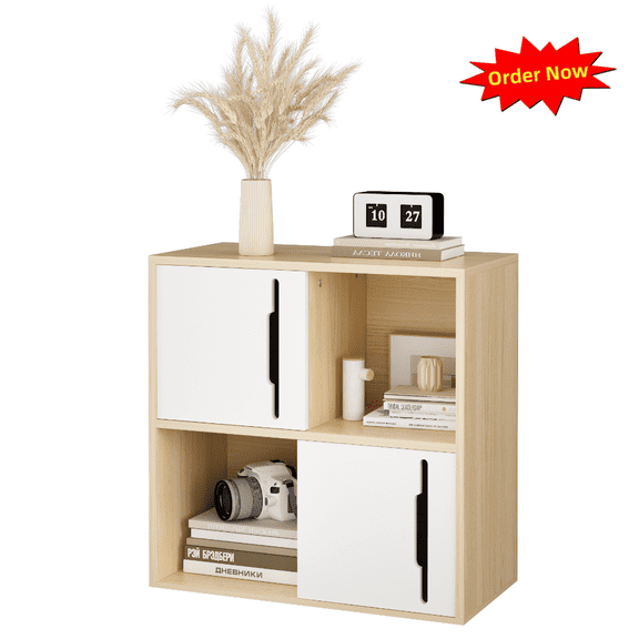 Tcbosik Modern Storage Cabinet with 2 Sliding Doors, Small Bookcase with Open Shelf, Accent Cabinet for Living Room, Bedroom, Natural+White