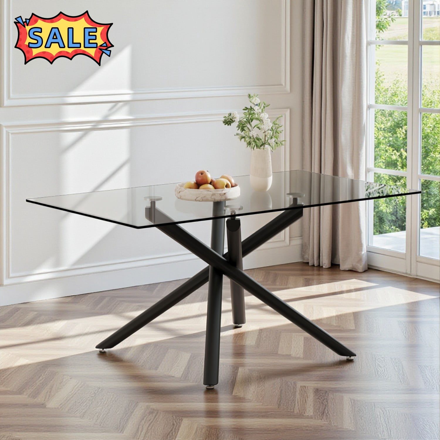 Tcbosik Modern Style Dining Table with Tempered Glass Top and Metal ...
