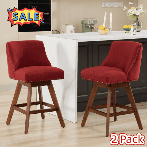 Tcbosik Modern Swivel Bar Stools Set of 2, Upholstered Counter Height Bar Chair with Wood Legs for Kitchen Island, Dining Room, Wine Red