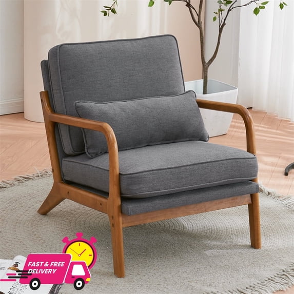 Tcbosik Modern Upholstered Accent Chair with Pillow, Padded Lounge Chair with Backrest and Armrest, Comfy Reading Armchair for Living Room Studio Office Couch, Dark Grey