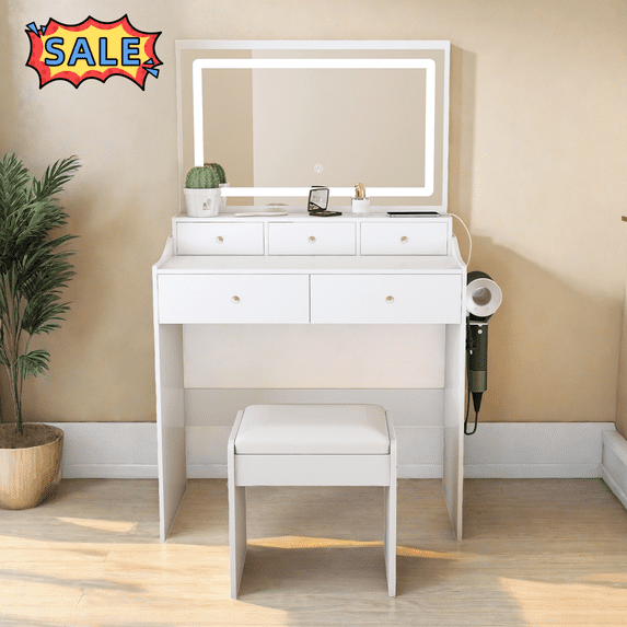 Tcbosik Modern Vanity Desk with Lighted Mirror, Charging Station and Cushioned Stool, Makeup Table with Dryer Holder, Dressing Table with 5 Storage Drawers for Bedroom, White