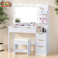 thumbnail image 1 of Tcbosik Modern Vanity Desk with Lighted Mirror and Charging Station, Makeup Table with Cushioned Stool, Dressing Table with Open Shelves and 5 Storage Drawers, White, 1 of 7