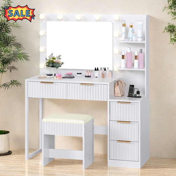 Tcbosik Modern Vanity Desk with Lighted Mirror and Charging Station, Makeup Table with Cushioned Stool, Dressing Table with Open Shelves and 5 Storage Drawers, White