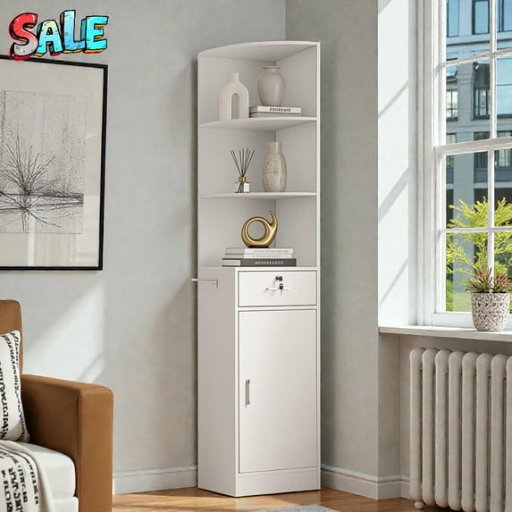 Tcbosik Modern White Corner Salon Cabinet with 3-Tier Open Storage, 1 Drawer & 1 Door, Hair Dryer Holder, 75.2"H Space-Saving Corner Unit for Spa, Bathroom, Bedroom
