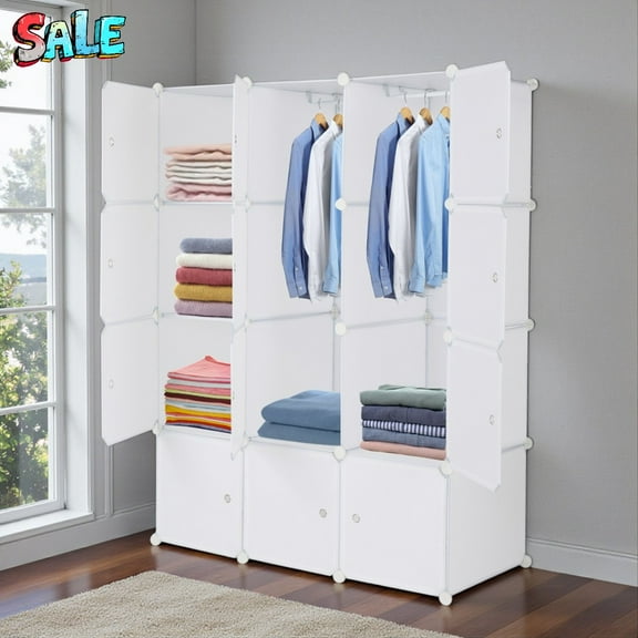 Tcbosik Modular 12-Cube Storage Organizer with 2 Hanging Rods, Stackable Plastic Closet Organizer Shelves, White