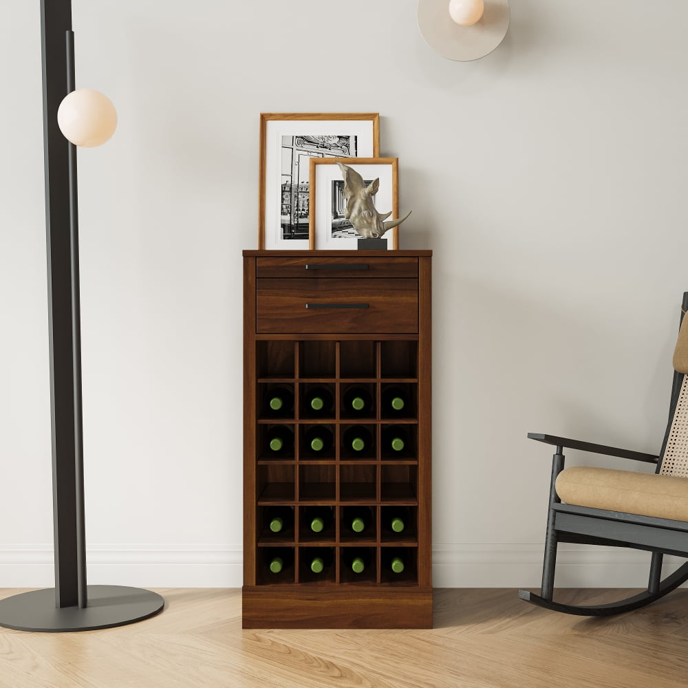 Walnut Brown Modular Wine Cabinet with 24 Bottle Rack and Drawers