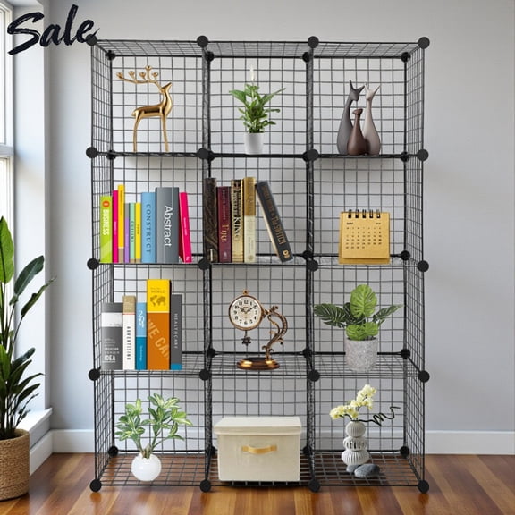Tcbosik Modular Wire Cube Organizer, 12-Compartment DIY Metal Grid Storage Shelves with Plastic Connectors for Closet, Bedroom or Office, Black