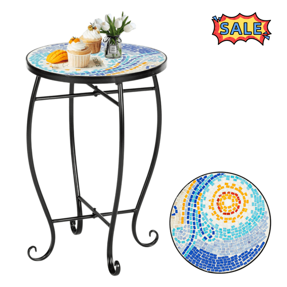 Tcbosik Mosaic Outdoor Side Table, 14" Round End Table, Plant Stand for Poolside, Porch, Patio, Deck, Garden, Multi-Color