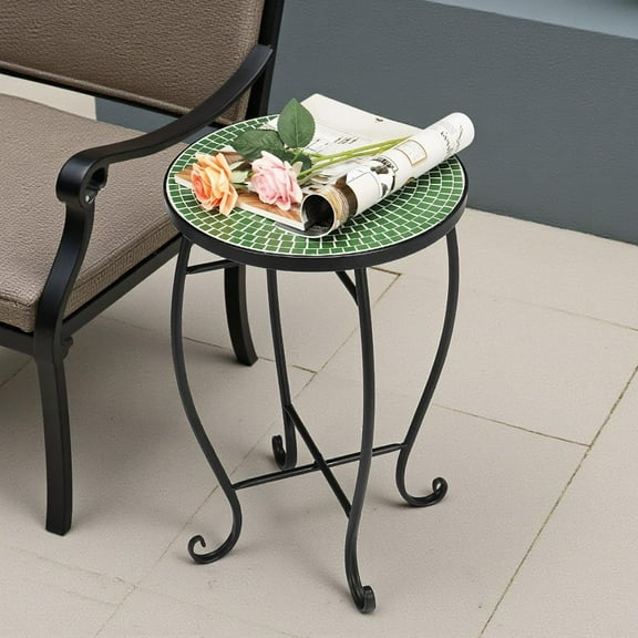 Tcbosik Mosaic Patio Side Table - 14"Dia x 21"H Round Accent Table/Plant Stand with Rust-Resistant Steel Legs for Indoor Outdoor Garden Poolside Decor (Green Flower Style)